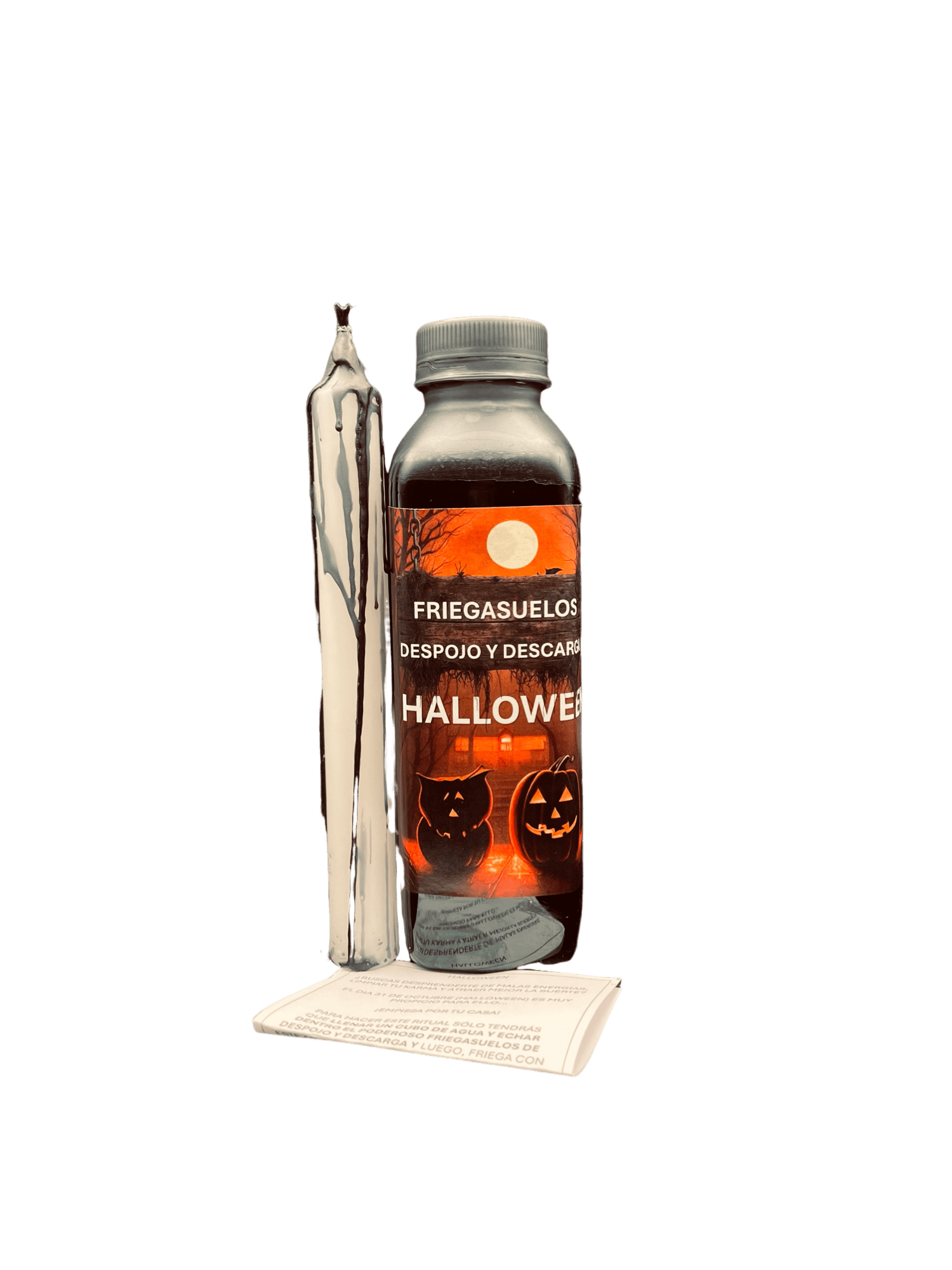 Kit mágico de Halloween con friegasuelos, vela plateada e instrucciones